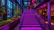 Futuristic purple LED lights accentuate the sleek staircase, flanked by lush greenery in a contemporary cityscape