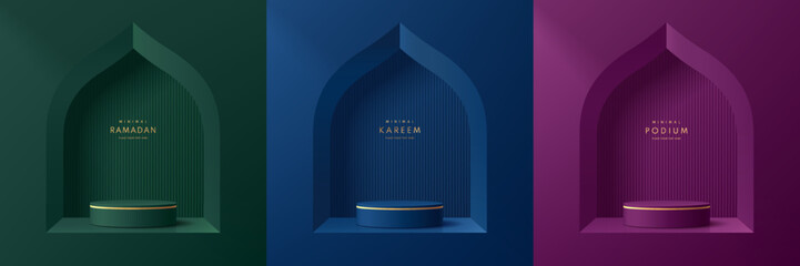 Wall Mural - set of ramadan kareem 3d purple, blue, green cylinder podium background in window mosque shape gold 