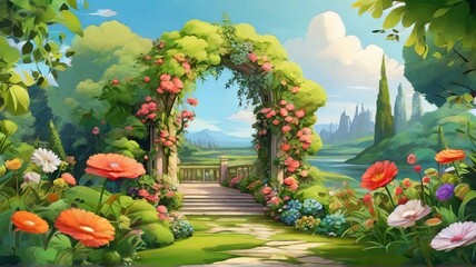 Wall Mural - Free Beautiful green garden cartoon background illustration Generative AI