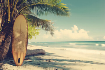 Wall Mural - surfboard on tropical beach background. vintage tone color style. generative ai