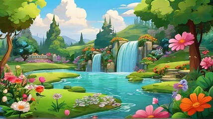 Wall Mural - Free Beautiful green garden cartoon background illustration Generative AI