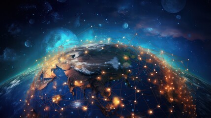 Wall Mural - Illustration of information technology network connections between continents, night view of the world.	
