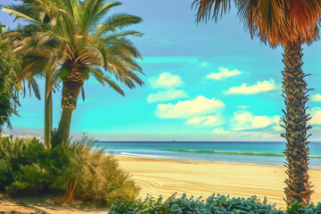 Wall Mural - Abstract composition of palm trees and a deserted beach, representing the energy and joy of summer