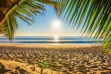 Wall Mural - Abstract composition of palm trees and a deserted beach, representing the energy and joy of summer