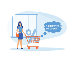 Wall Mural - Big discount concept. Woman pushing shopping cart trolley with big percentage sign.  flat vector modern illustration 