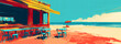 Cafe on seacoast beach. Illustration of paradise island. Summer panorama
