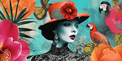 Wall Mural - Woman portrait in modern hat collage. Art nouveau style. Banner with old texture