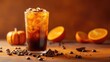 Indulge in iced cold brew coffee with pumpkin spice. Isolated on orange. Ai Generated.