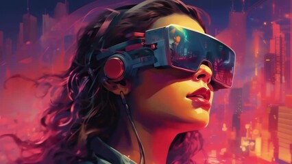 Wall Mural - A close up of a person in a virtual reality headset the scene framed in a saturated cyberpunkinfluenced colour palette cyberpunk art