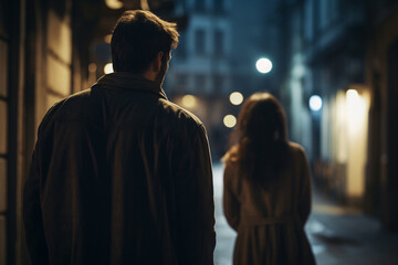 back view of man following woman in dark street at night. concept for crime, stalking and sexual ass