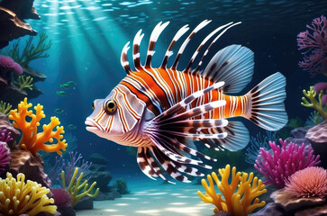 Wall Mural - glow vibrant lionfish swim in the underwater