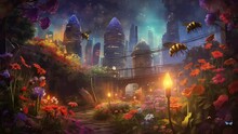 Nighttime Bee Friendly Garden With Flower. Fantasy Background With Anime Cartoon Illustration. Seamless Looping Overlay 4k Virtual Video Animation Background 