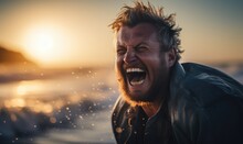A Man With A Beard And A Beard Is Screaming At The Beach. Generative AI.