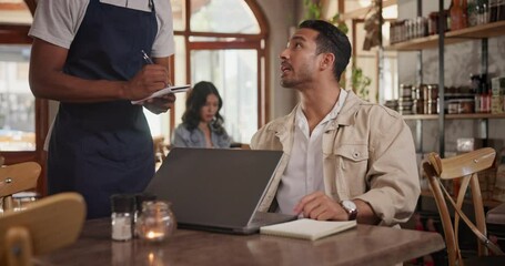 Aufkleber - Cafe, waiter and writing customer menu order and laptop on table in restaurant for review blog on social media. Coffee shop, service and man typing with remote work and server with info on notebook