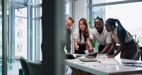 Poster - Meeting, discussion and team of business people in office boardroom working on project together. Diversity, documents and professional creative designers brainstorming in collaboration at workplace.