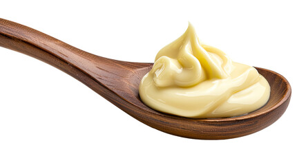 Wall Mural - Close-up of wooden spoon with mayonnaise isolated on transparent background