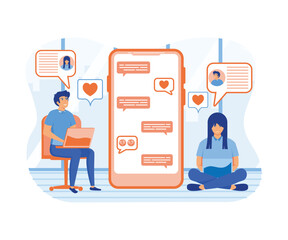 Poster - Virtual relationship concept. Woman and man holding laptop and chatting in messenger or social network. flat vector modern illustration 