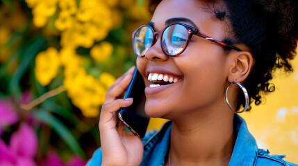 Poster - African American young woman talking on cell phone.