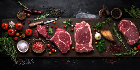 Wall Mural - Slices of beef on a fresh red table, processed grilled meat and so there is empty space for text, greetings, wallpaper, posters, advertisements, etc.