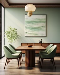 This photo showcases a modern dining room featuring a wooden dining table surrounded by vibrant green chairs. The room is well-lit, with a clean and contemporary design