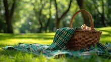 Sunlit Picnic Setting With Empty Wicker Basket And Vibrant Green Plaid Cloth