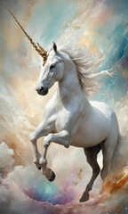  Fantasy Illustration of a wild unicorn Horse. Digital art style wallpaper background in pastel colors.
