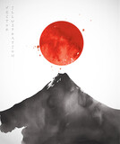 Fototapeta  - Ink wash painting on big  Fuji mountain and big red sun. Traditional Japanese ink wash painting sumi-e.