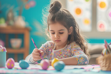 Little girl coloring easter eggs