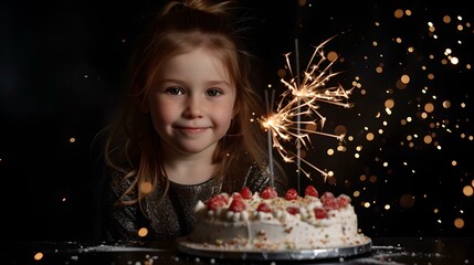 Wall Mural - Joyful girl celebrating with a sparkler and cake. candlelit birthday party, smiling child. festive atmosphere, happy childhood moments. AI