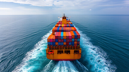 Wall Mural - A large cargo ship sails across the ocean, carrying colorful shipping containers on its deck.