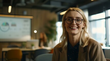 Poster - Smiling professional woman in a modern office setting. cheerful, confident, working professional. casual business style. AI