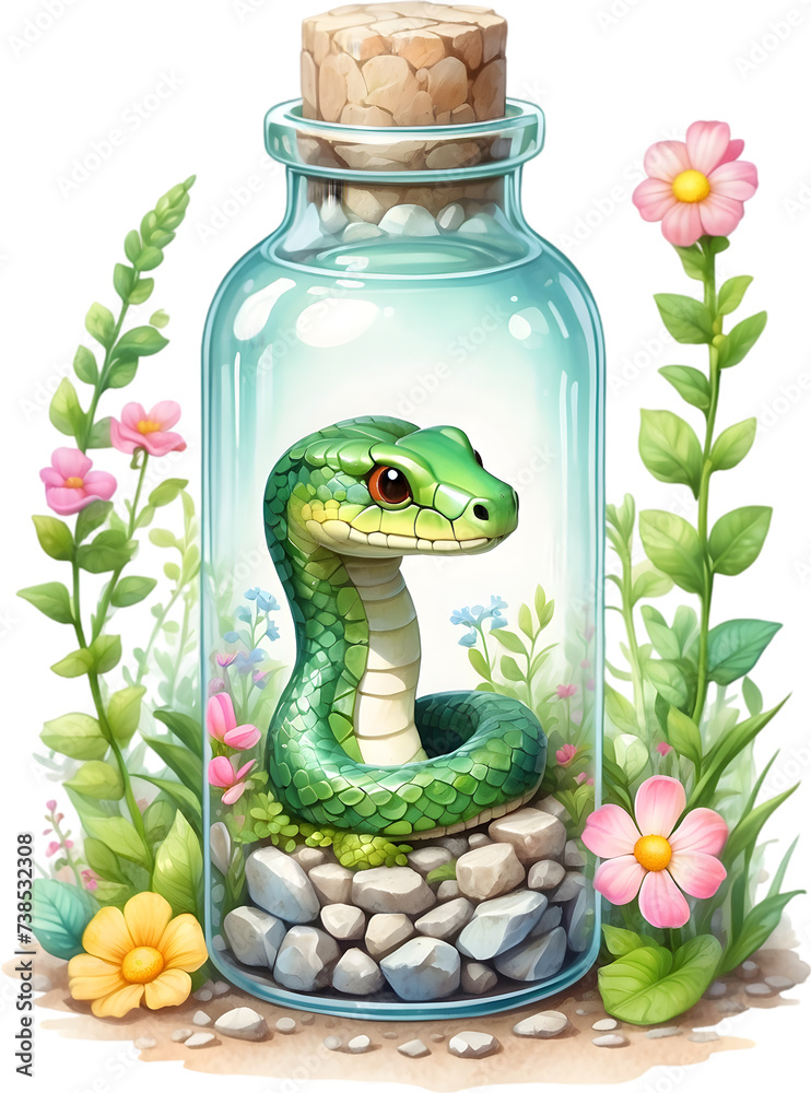 blind box lovely cute chibi snake in glass bottle ,flower garden ...