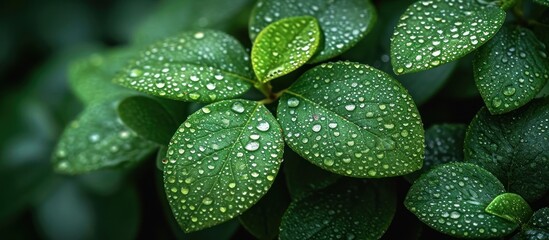 Wall Mural - close up of water droplets on green plant leaves