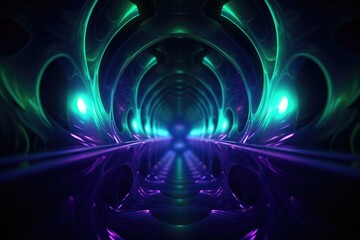 Poster - A dark tunnel with purple lights and a glowing light. Generative AI.