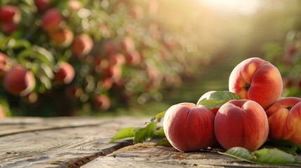 Wall Mural - Empty rustic old wooden board table copy space with peach trees or an orchard in the background. Some ripe fruits are on the desk. Product display template.