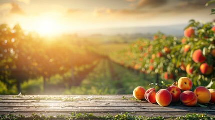 Wall Mural - Empty rustic old wooden board table copy space with peach trees or an orchard in the background. Some ripe fruits are on the desk. Product display template.