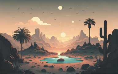 Wall Mural - A tranquil desert oasis scene with minimalistic design, using clean lines and muted colors for a serene atmosphere. 
