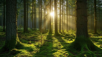 Wall Mural - Landscape green mossy forest with beautiful light from the sun shining between the trees