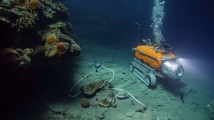  Submarine Research Mission - A detailed shot of a submarine on a coral reef survey, highlighting the importance of scientific research. The submarine is equipped with tools for environmental monitorin