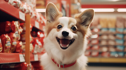 Sticker - Pet shop, dog in store, animal accessories, happy dog in pet supermarket