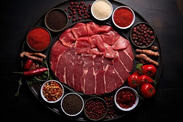 Slices of beef on a fresh red table, processed grilled meat and so there is empty space for text, greetings, wallpaper, posters, advertisements, etc.