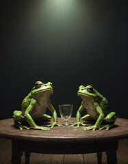 Dramatic Encounter of Two Frogs depicts two vibrant frogs in conversation, sitting opposite each other with a spotlight illuminating them. AI Generated