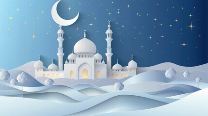 Wall Mural - Paper cut mosque with crescent moon at night. Ramadan Kareem festival concept