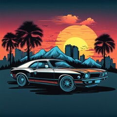 Wall Mural - vintage car on sunset vintage car on sunset vector illustration of a car with the roof of a car