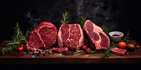 Wall Mural - a piece of fresh meat on a table with a black background, high quality and hygienic beef