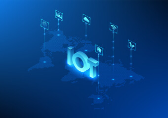 Poster - Internet of Things technology, IoT technology Above the world map connected high-tech icons, The IoT is widespread in the industry. Real-time access to devices around the world, Isometric