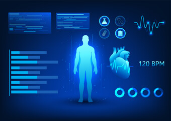 Medical technology A screen that projects a hologram of the human body showing heart rate information. The work of the heart system in order to diagnose disease and treat patients.