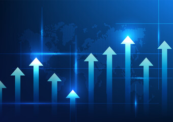Poster - Technology background with many arrows rising towards the world map. with a sparkle A global concept where technology is rapidly evolving to allow businesses in each country to compete and grow.