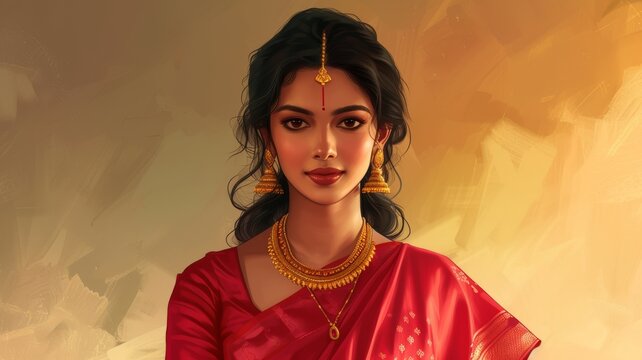 Beautiful Indian woman in traditional sari dress. Married girl with third eye bindi. India culture. Female person portrait. Ethnic Hindu costume. Folk festival clothes. Young adult people look camera.