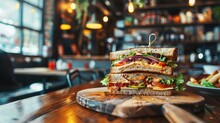 Sandwich On Cutting Wooden Board In A Cafe